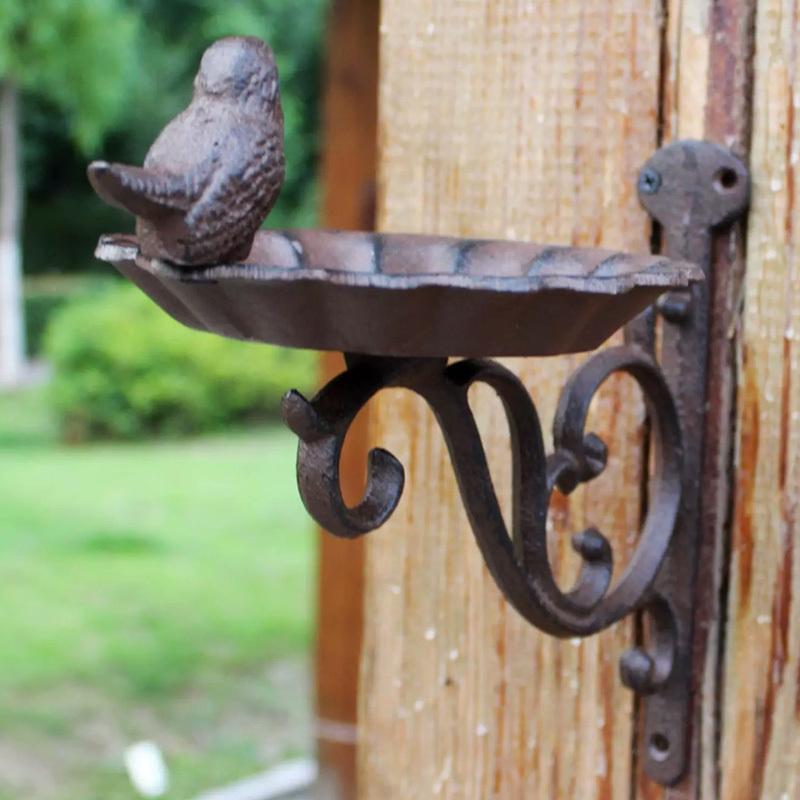 Cast Iron Bird Bath Feeder, Wall-Mounted Decorative Garden Bowl with Scrollwork, 8.7 X 9.4 Inches