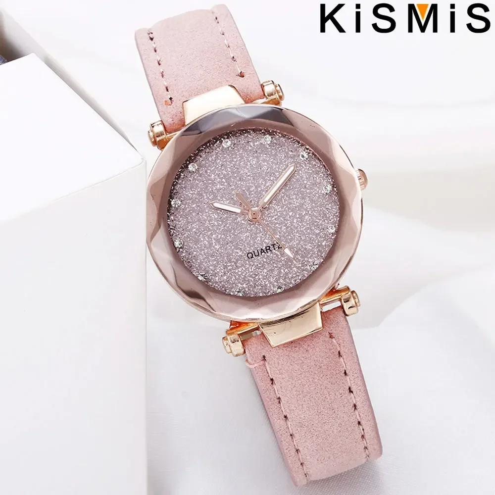 Womens Fashion Leather Strap Watch Frosted Dial Diamond Starry Design Golden Edge Quartz Watch Multicolor