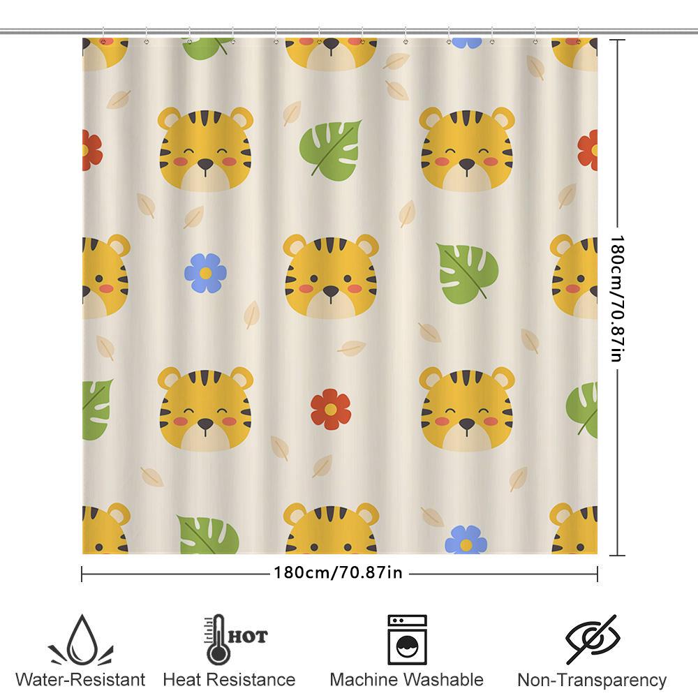 Adorable Animal Print Shower Curtain For Kids Bathrooms Tiger Head Design With Leaves And Flowers In Multicolored Pattern