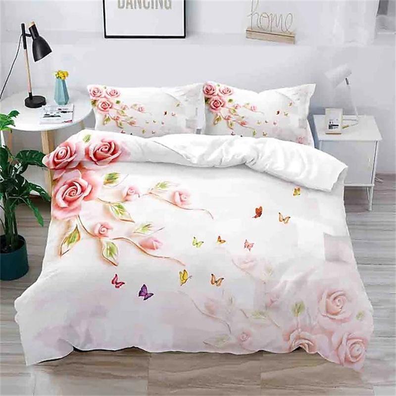 Blumen Bettbezug King Mikrofaser 3D Botanische Blüte Blumen Bettwäsche Set Luxus Geometrisch Schwan Bettdeckenbezug Für Mädchen Teenager