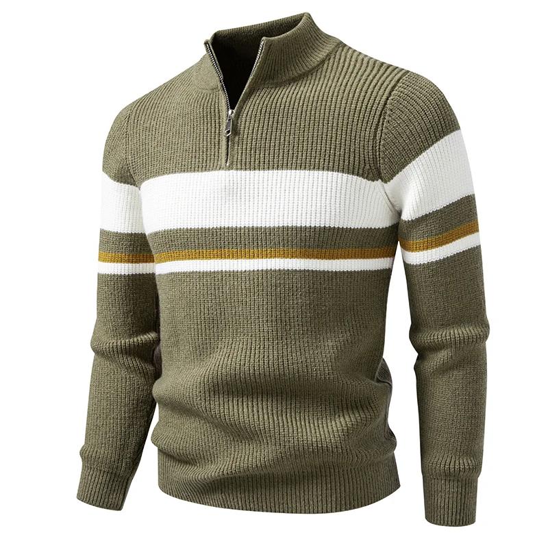 Triped Sweater Men Fashion Patchwork Knitted Pullovers Mens Stand Collar Half Zipper Knit Sweater Warm Pullover Tops