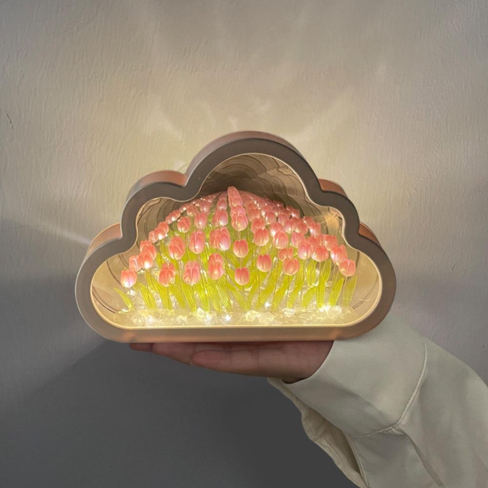 New Acrylic 20 Flowers Tulip Night Light Handmade DIY Creative Tulips Flower Table Lamp Cloud Shape Mirror Light Birthday Gifts