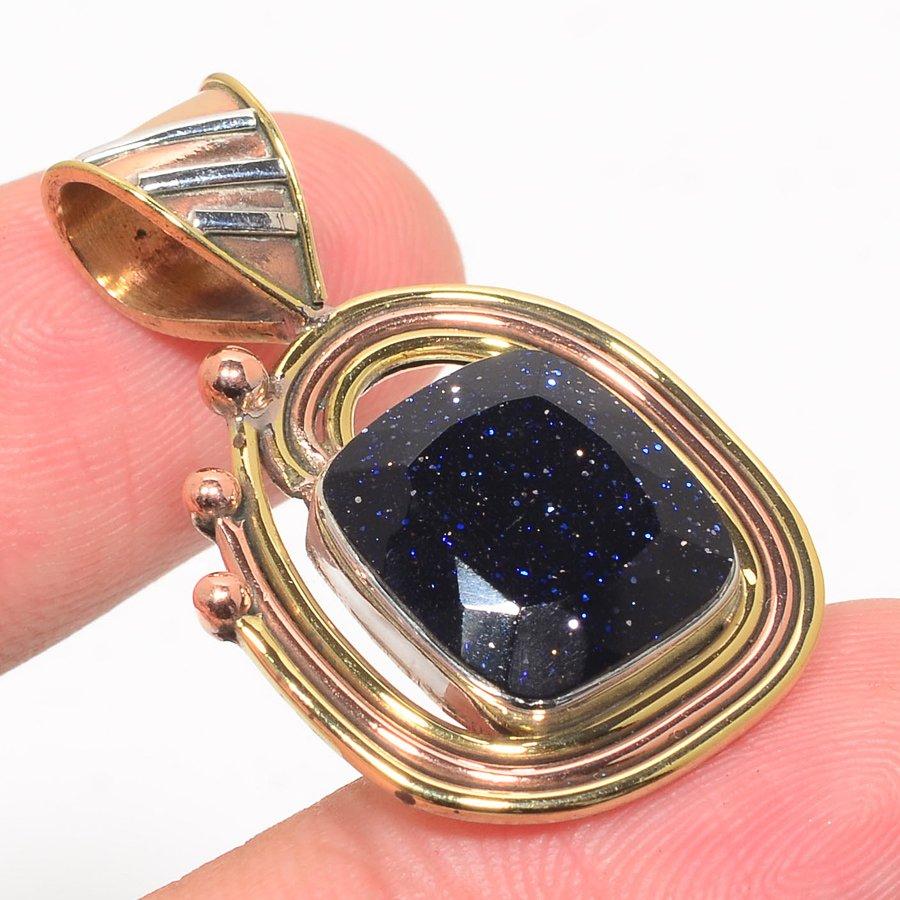 Natural Blue Sunstone Two Tone 925 Solid Sterling Silver Gift Pendant 1.50" l0y33