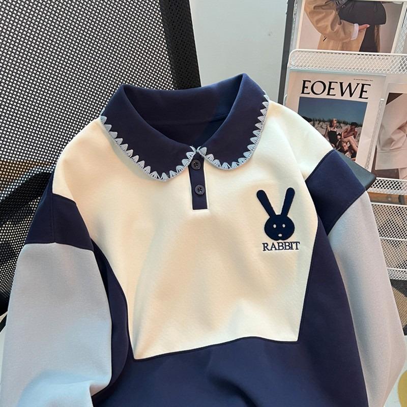 

Женское худи с цветными блоками, вышивкой кролика, лацканом на полупуговицах, оверсайз пуловер, весна-осень, свободный женский модный топ M синий