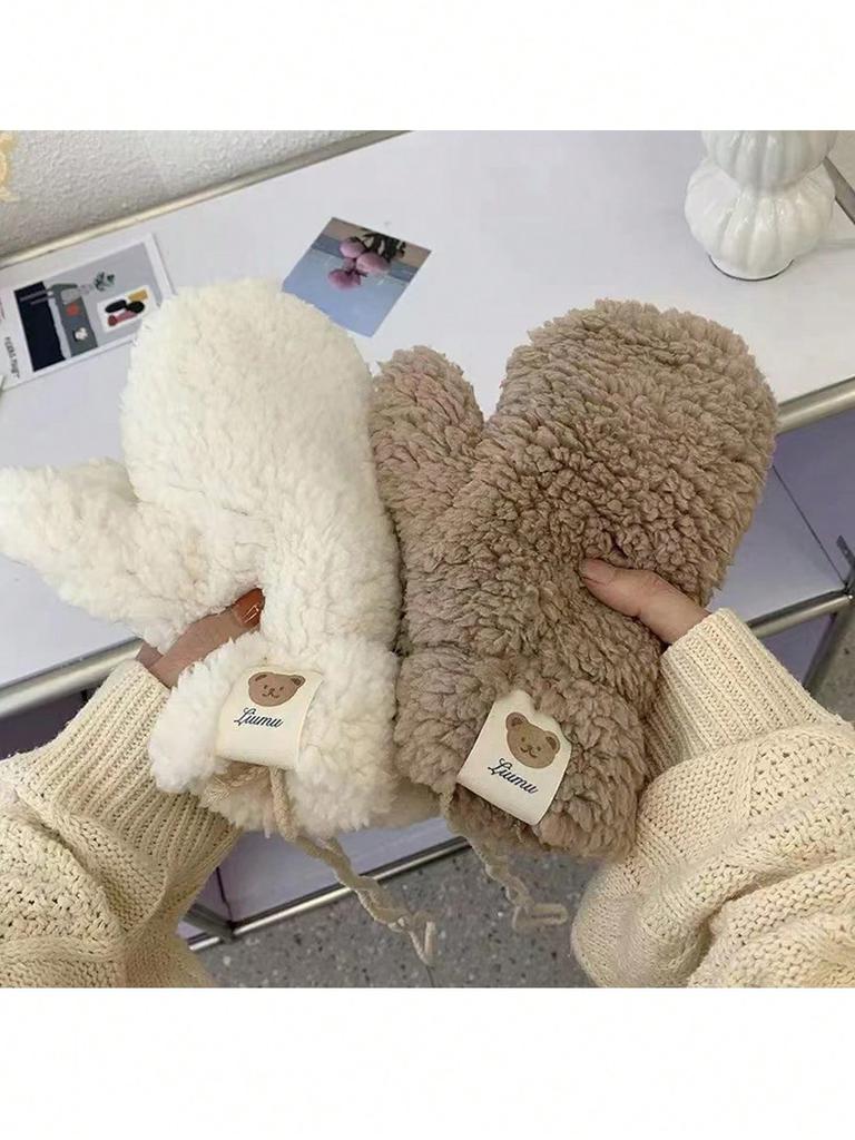 2PCS / A Pair Of Winter Wool Bear Logo Gloves, Women's Hanging Neck Gloves (White, Beige, And Khaki)
