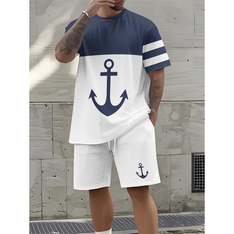 

Summer Men s Casual T Shirt Shorts Set Sportswear Two Piece 3D Anchor Print Fashion Hawaiian Style Street Single S