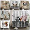 Farm Animals Shower Curtain Cute Funny Cow Chicken Pig Flower Horse Wood Farmhouse Barn Rustic Shower Curtain for Bathroom Decor