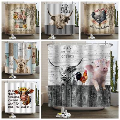 Farm Animals Shower Curtain Cute Funny Cow Chicken Pig Flower Horse Wood Farmhouse Barn Rustic Shower Curtain for Bathroom Decor