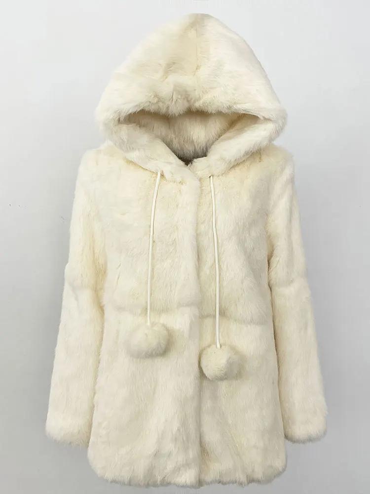 

OFTBUY 2025 Новинка Осень Зима Модное Натуральное Меховое Толстое Теплое Пальто С Капюшоном Женская Куртка Натурального Цвета Кроличий Мех Верхняя Одежда Повседневная XXXL