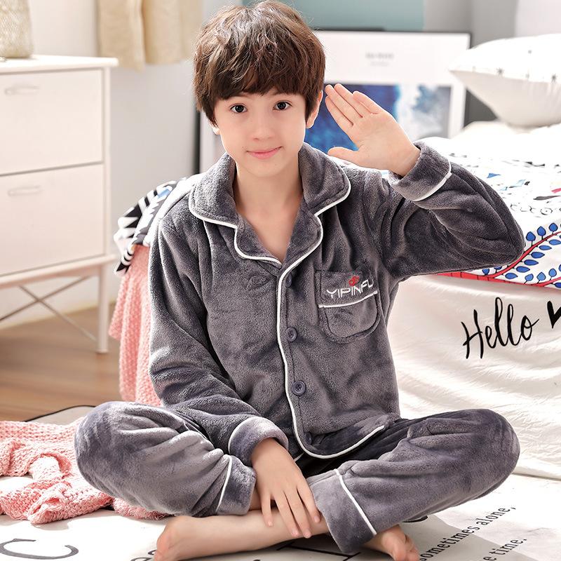 Kids Flannel Pajamas Set Boys Girls Warm Long Sleeve Top And Pants Sleepwear Winter Home Nightwear