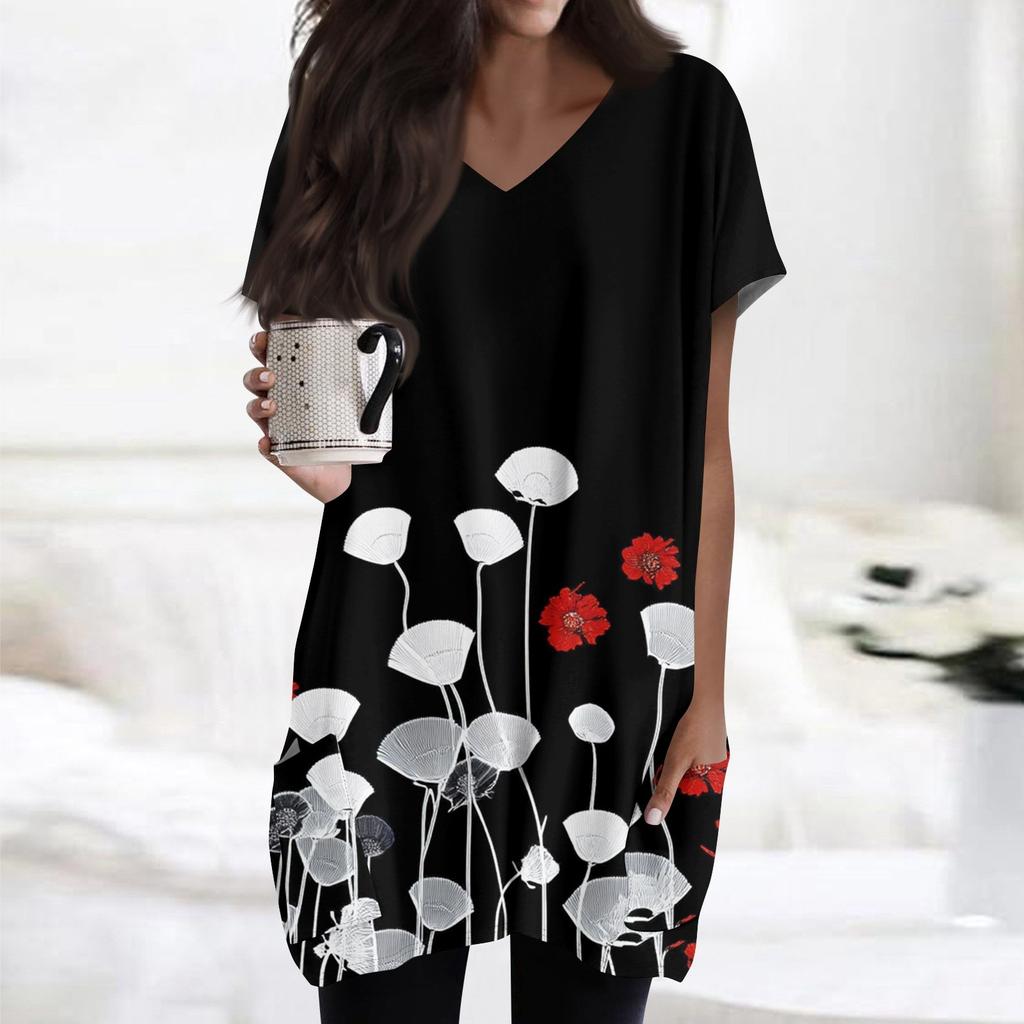 Topuri de damă cu decolteu în V Bluze cu mâneci scurte Cămăși ocazionale de lungime mijlocie Tunica cu imprimeu la modă Topuri cu buzunare