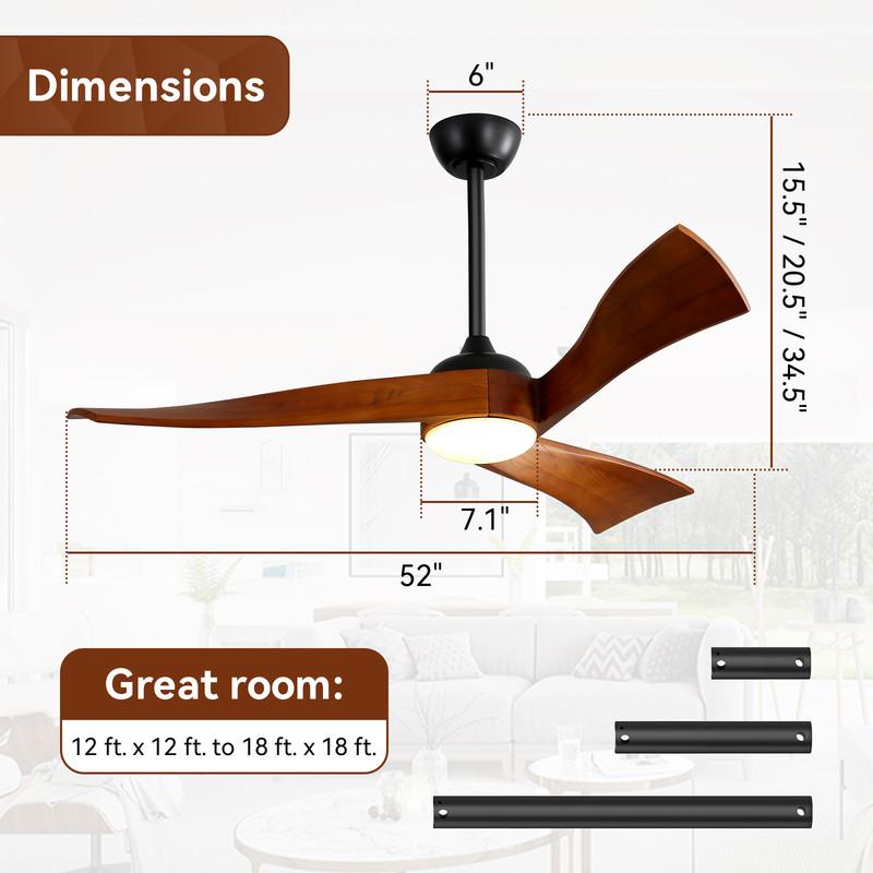 Sofucor Solid Wood  Ceiling Fan with LED Light, Remote Control, DC Power Supply, 132 cm, Timer, For Bedroom and Living Room
