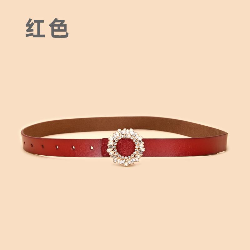 Ladies Belt With Crystal Diamond Square Buckle Decorative Belt Women'S Leather Smooth Buckle Belt