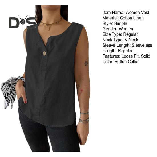 Women Vest Sleeveless Button Decoration Casual Tank Tops Solid Color Cotton Linen Lightweight Breathable Tops