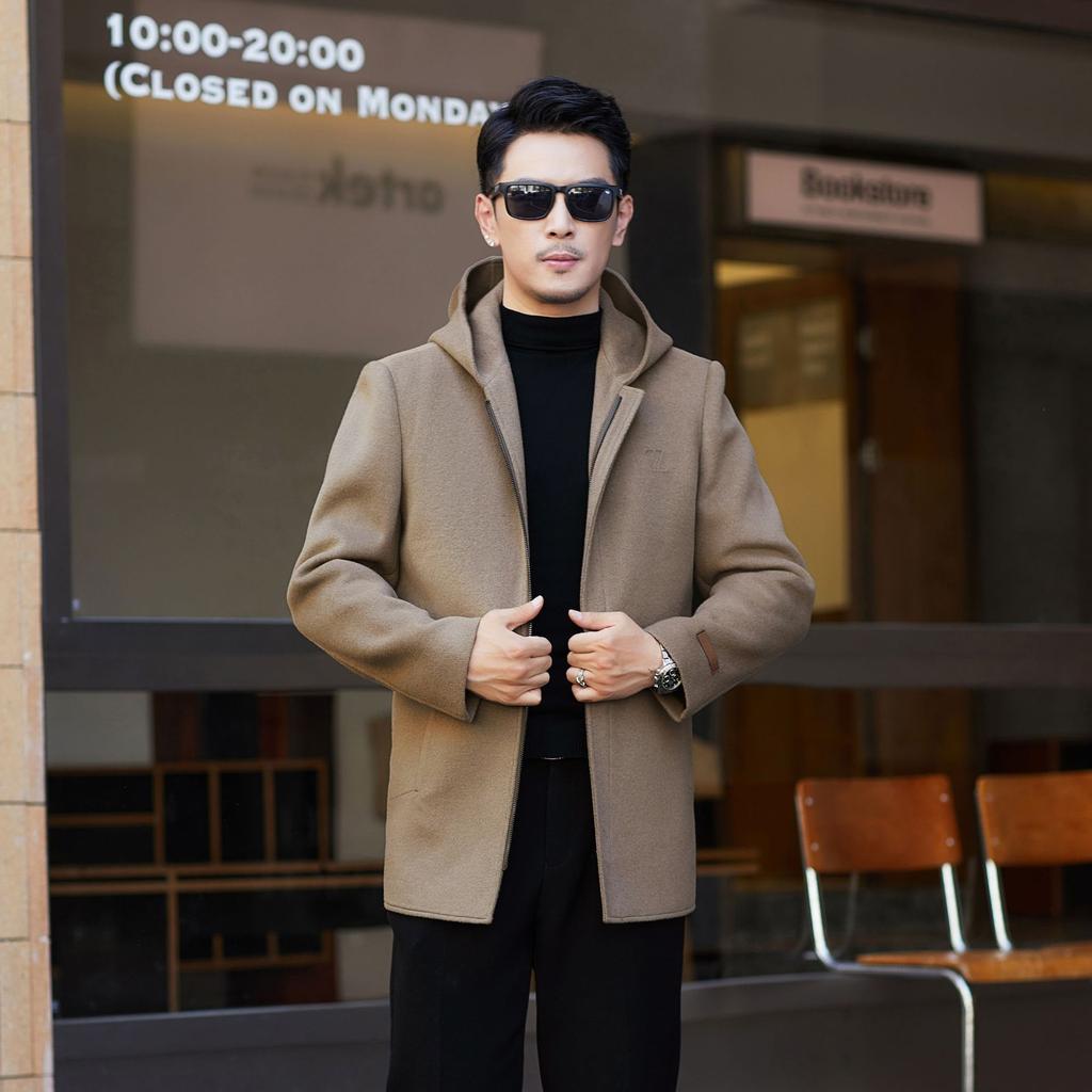 Men's Wool Coat Hooded Autumn and Winter Golden Velvet Liner Warm 100% Wool Middle-aged and Young Woolen Coat Men