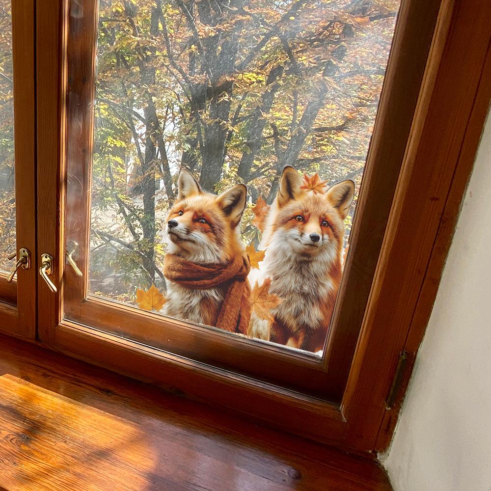 Creative Simulation Autumn Fox Fallen Leaves Home Glass Door and Window Decorative Stickers