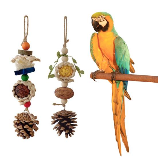 Bird Chew Toy Pine Cone Design Hook with Lanyard Bite-Resistant Easy to Hang Relieve Boredom Natural Pet Parrot Bird Chewing Toy with Rattan Ball Pet