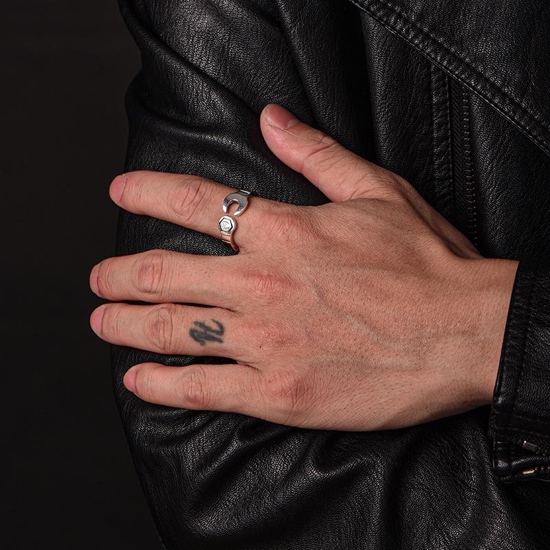 Yin Taifei Sterling Silver Retro Wrench Ring for Men - Original High-Grade Classic Design, Adjustable Fit