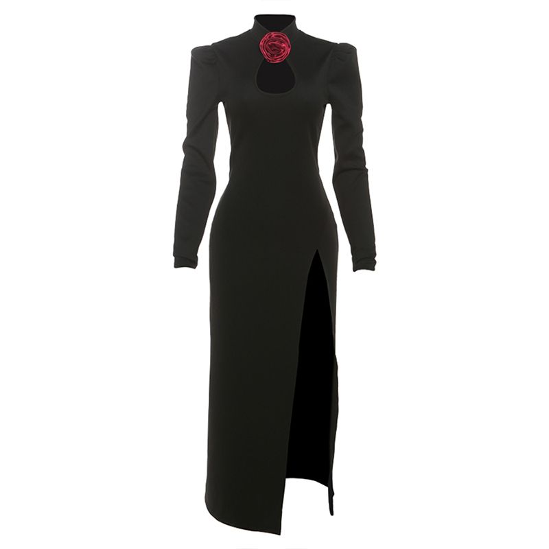 

# Sisjuly# Nordic Sexy Rose Deacon Hollow Design Stand Collar High Slit Long sleeve dress Women Summer Black L