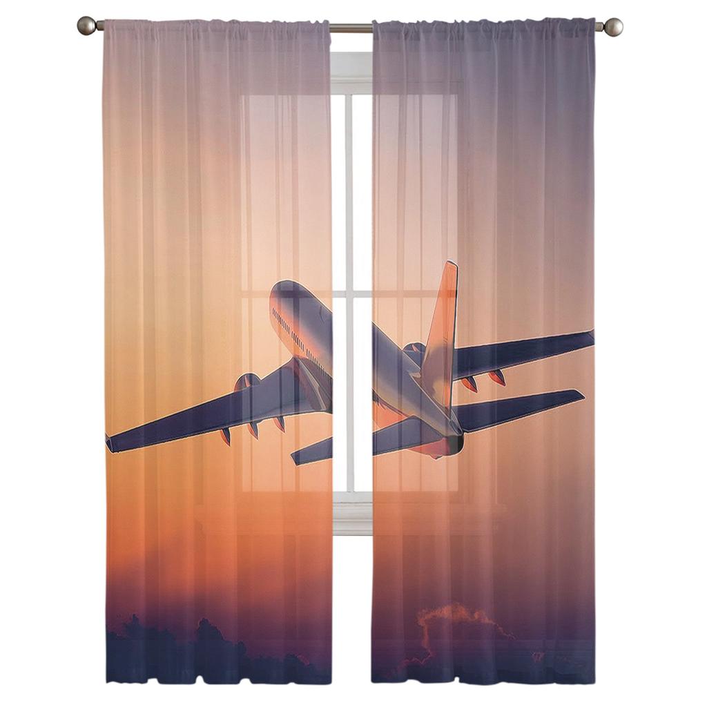 Flugzeug Sonnenuntergang Moderne Vorhänge für Wohnzimmer Transparente Tüllvorhänge Fensterschleier für das Schlafzimmer Zubehör Dekor