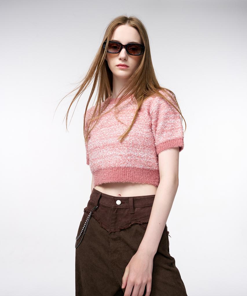 ETMON Color Blend Short Sleeve Knit Top Coral Pink