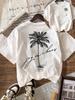 Unisex Casual Palm Tree Pattern Round Neck Short Sleeve Summer Beach Tshirt White