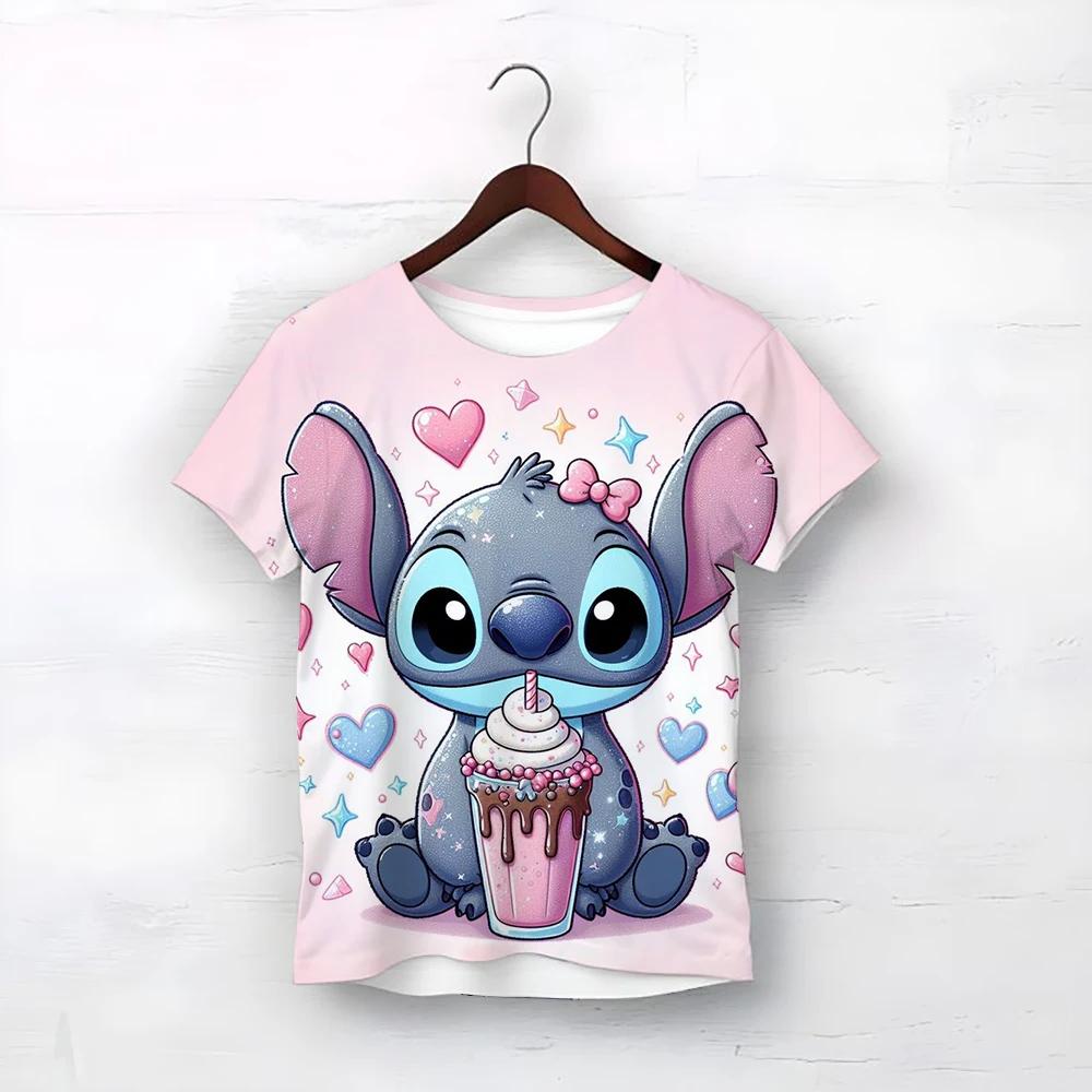 MINISO Disney Cartoon Cute Stitch Print Baby Clothing 3 To 14 Years Male Outdoor Clothes Boys Clothes Girls T-shirt Teen Top Shirts