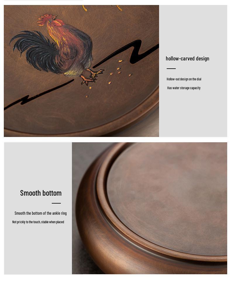 Hand-Painted Retro Bronze Round Tea Tray with Rooster Design