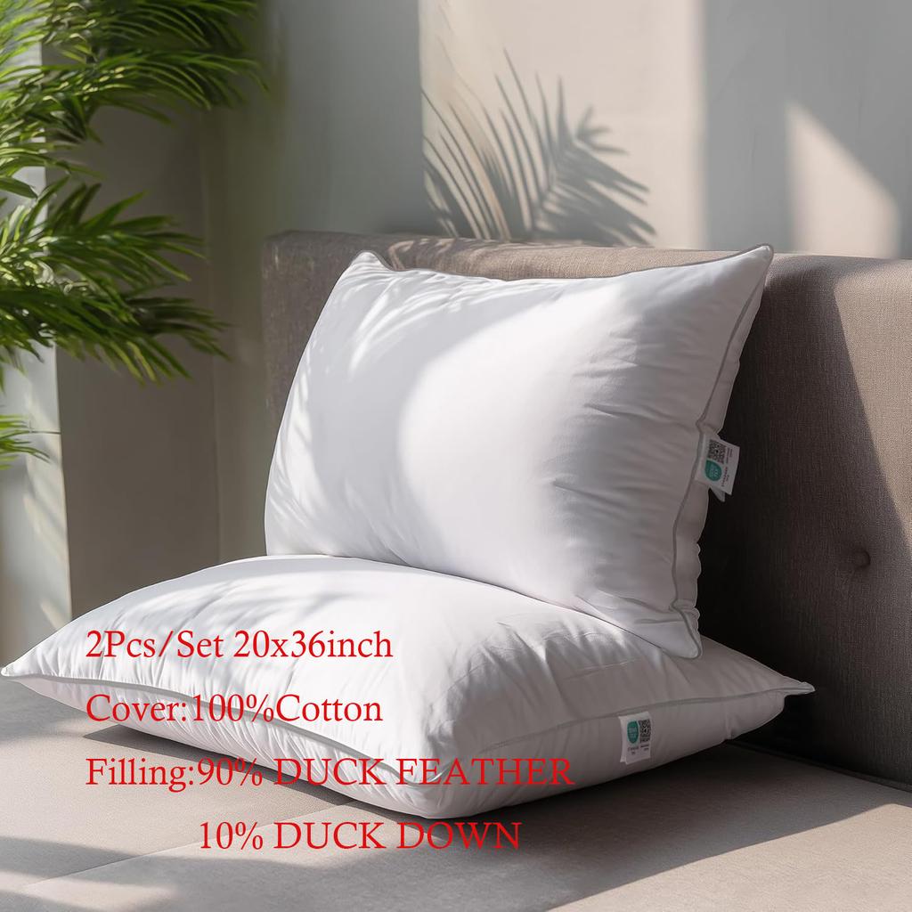 2pcs 90% Goose Feather Down Pillows, Hotel Pillows for Sleeping, Breathable Cotton Cover, Fluffy Support Back, Stomach Sleepers