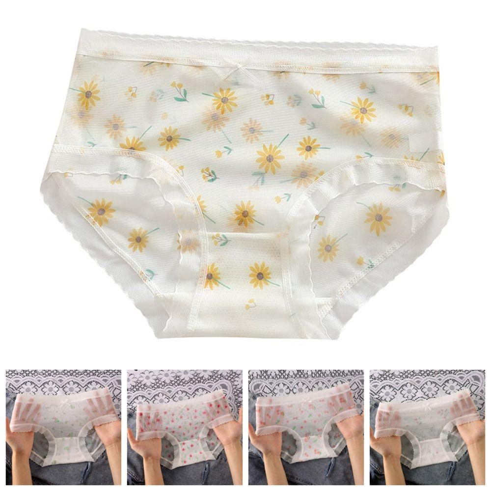 5PCS Mid Waist Transparent Floral Briefs Seamless Underwear for Women Mesh Flower Panties  Gifts
