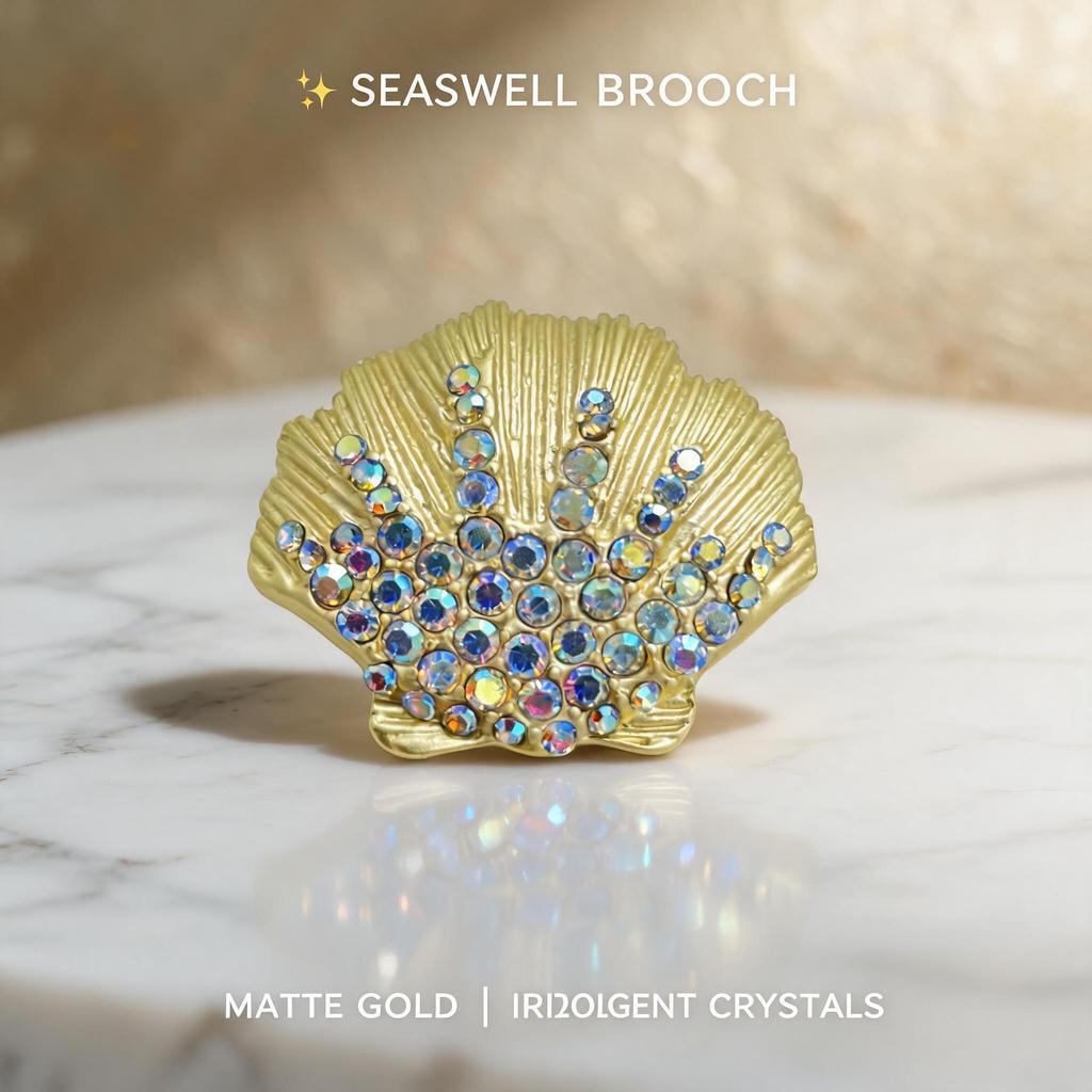 Korean Marine Life Brooch: Starfish & Shell Pin with Metal, Diamond, & Pearl Accents