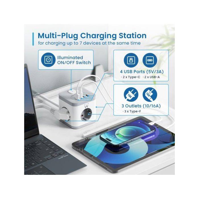 Ewent EW3863 Regleta en Bloque 3x Tomas Shucko 16A + 2x USB-A + 2x USB-C 5V/3A PD/QC 3.0 Blanca