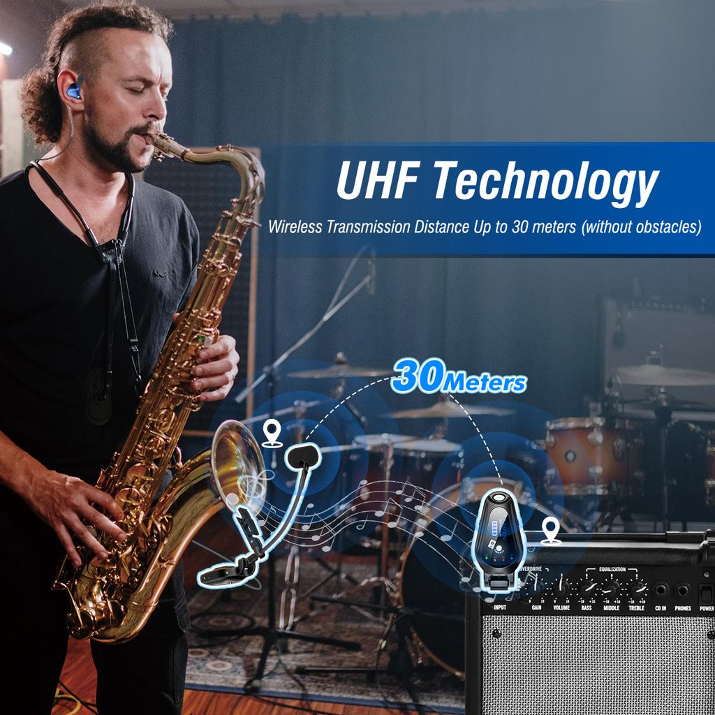 KIMAFUN Clip-On UHF Wireless Saxophone Microphone,with Reverb and Bluetooth Monitoring for Musicians,Audio Mixers,Speakers,PA