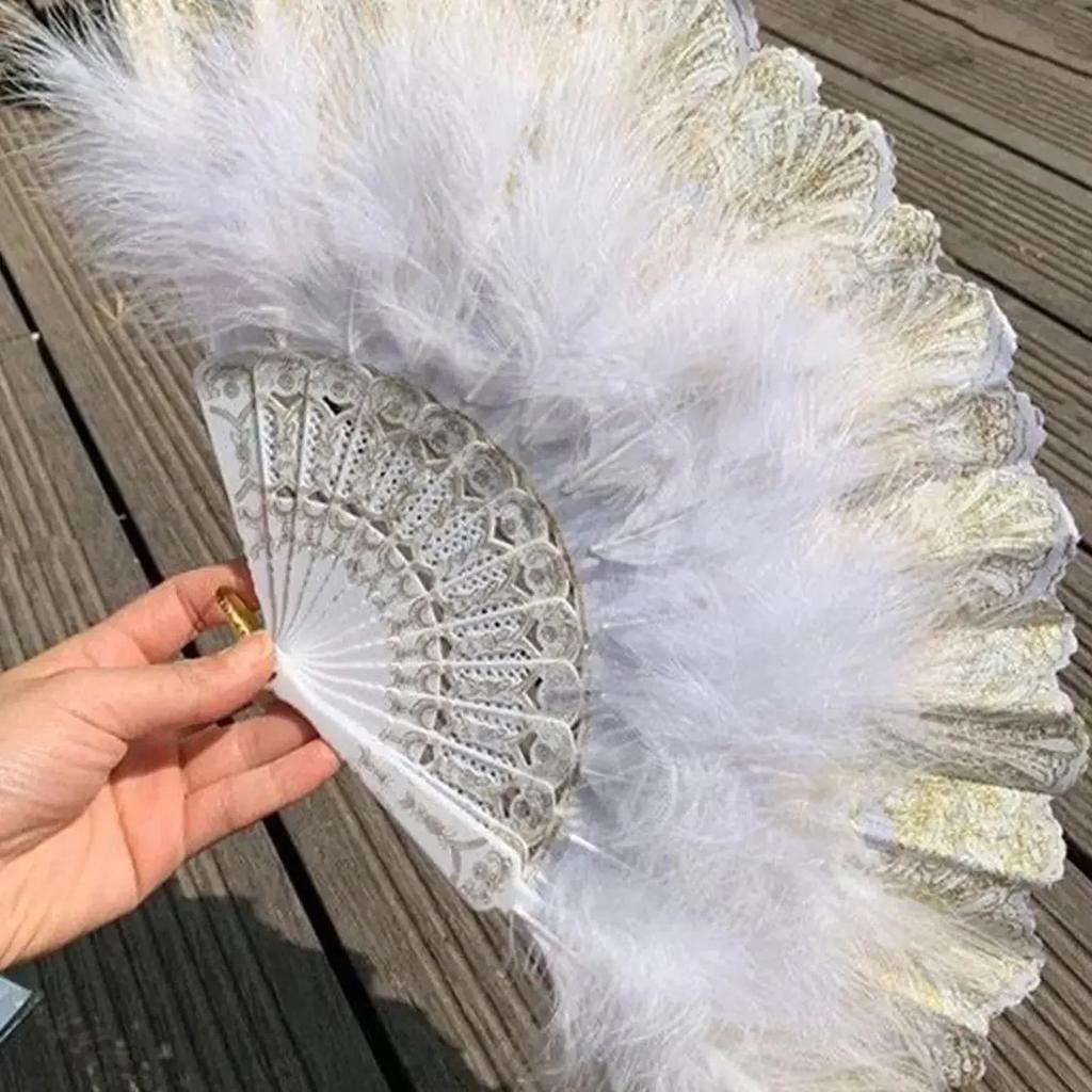 1pc-Vintage Simulation Feather Lace Fan with Gold Stamping Feather Fan in White