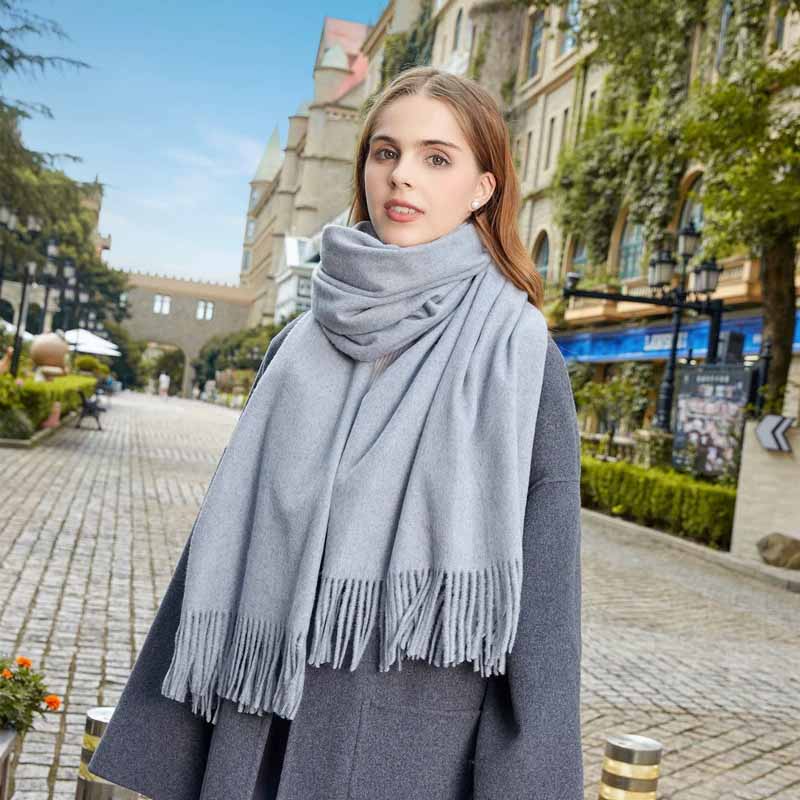 Fular Gros de Lână Culoare Solidă Unisex Fular de Iarnă cu Franjuri de Cașmir Cald Rezistent la Vânt Înfășurare Plaid pentru Femei & Bărbați