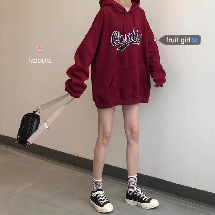 

Women s Wine Red Fleece Lined Hoodie - Loose Fit, Trendy Korean Style, Thickened Sweatshirt for Autumn/Winter 2025 XXL вина червоного кольору