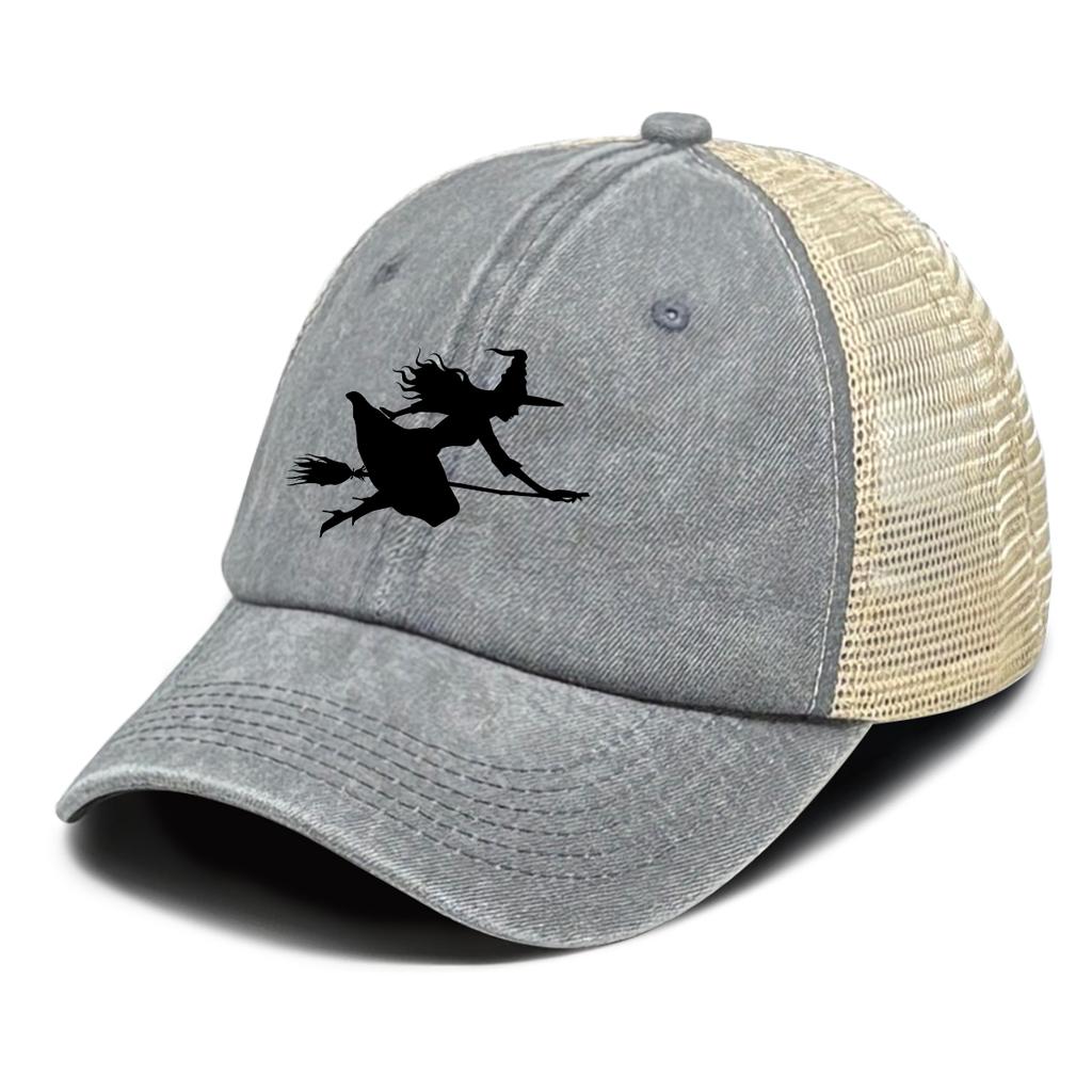 Black Witch Broom Printed Mesh Cap Adjustable Lightweight Baseball Cap Stylish Casual Hat For Unisex Women Hiking Tennis Daily