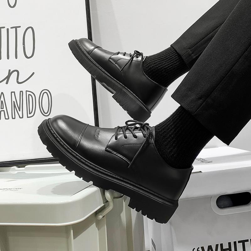 Business Men's Formal British Style Platform Heightening Shoes Pure Leather Shoes Black Casual Simple Men's Shoes Autumn