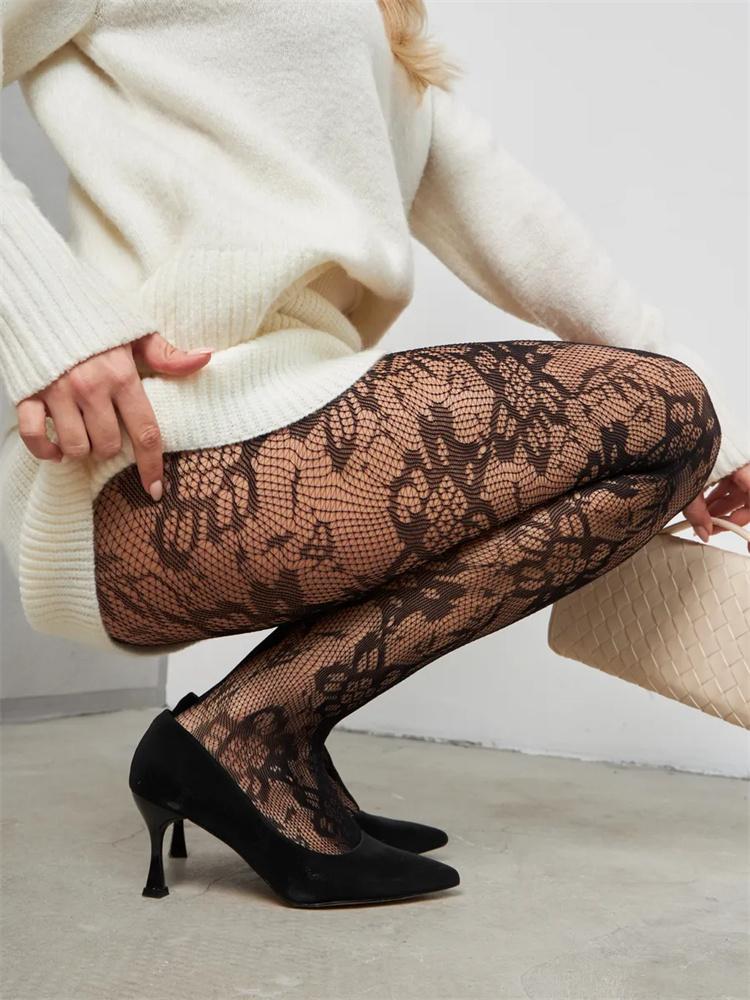 Floral Hollow Out Lace Mesh Pantyhose Women Tights Autumn Basic Vintage Rattan Bottomed Fishnet Stockings For Party