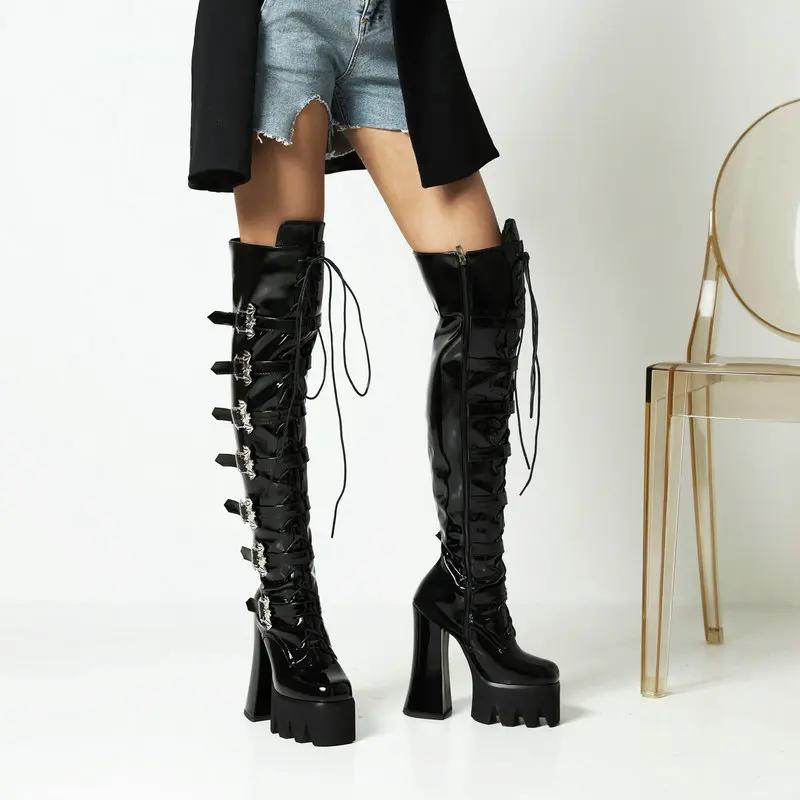 Fashion Lacquer leather women's boots  women's boots thick heel ultra-high heel muffin punk PUNK front lace up high boots