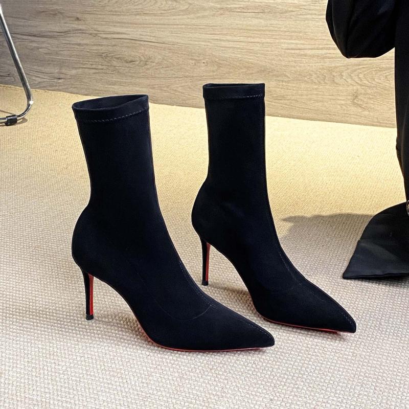 Women Pointed Toe High Heel Boots Autumn Winter Elastic Sock Mid Calf Slimming Ankle Boots Black