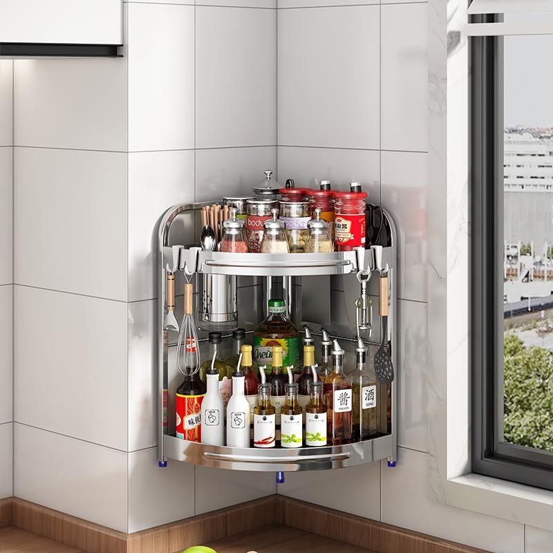 Stainless Steel Wall Mount Corner Spice Rack With Knife Holder Hooks No Drilling Required
