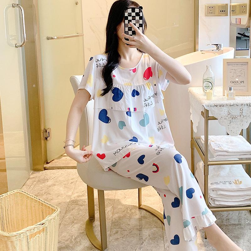 1011 new cotton and silk pajamas women's summer thin short-sleeved trousers set loose Korean version fresh and anti-bumping home