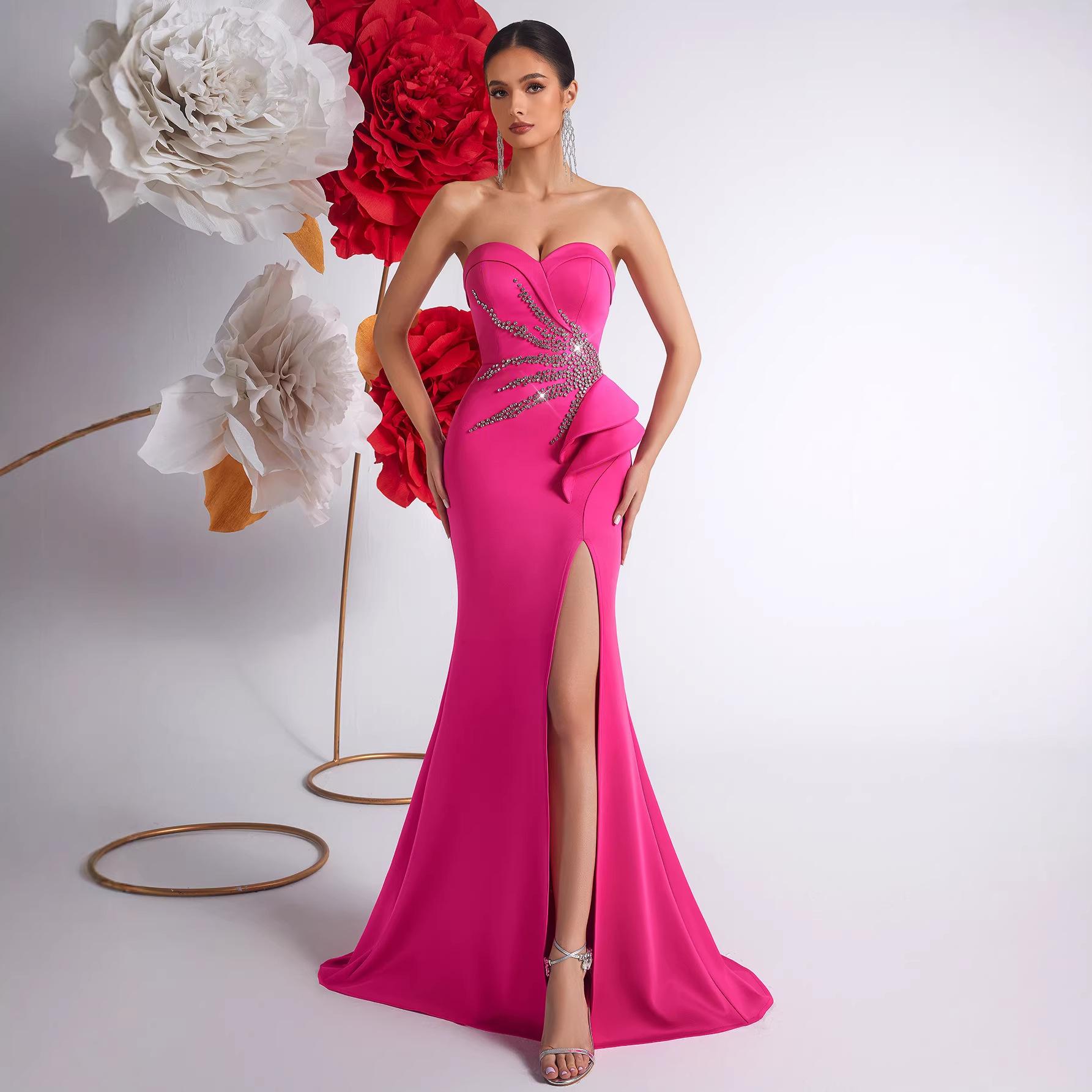 European and American new tube top women s heavy industry nail-drilled ruffle edge dress, slim-fitting high-split banquet hosting evening dress XS розы красного