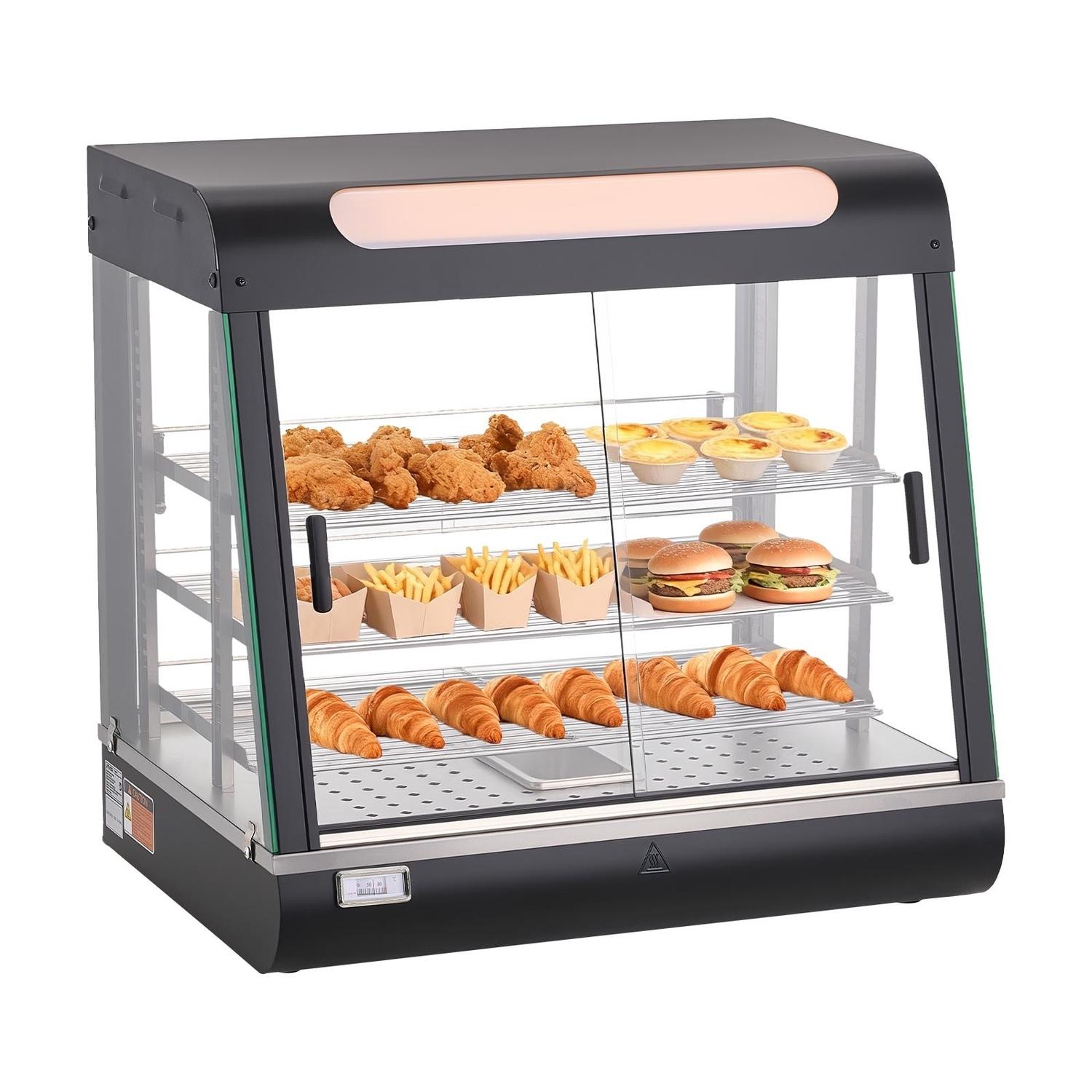 3-stöckiger gewerblicher Speisenwärmer-Display, 1200W Speisen-Display-Wärmer mit LED-Licht, oberer Stauraum und verstellbare Regale, 30-85 Dampfheizung, 106Qt/100L