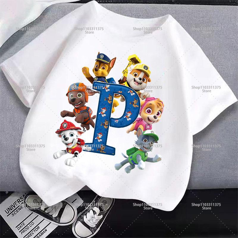 Cute PAW Patrol T-shirt Letter A-Z Boys Girls Clothes Short Sleeve Summer Cartoon Kids Birthday Toddler Cotton Outdoor Wear Gift