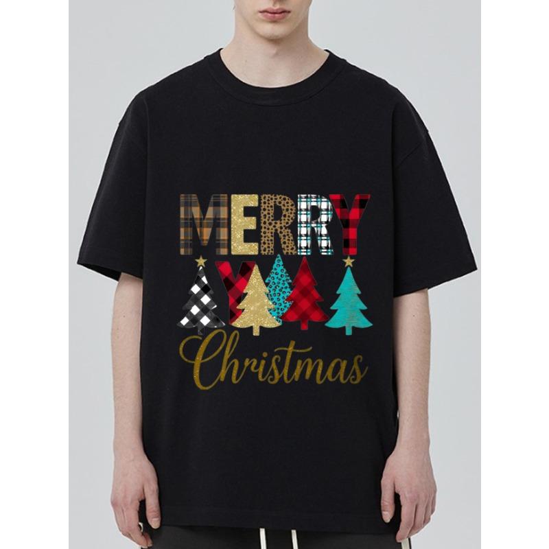 

Merry Christmas T Shirt Black Plaid and Glitter Tree Pattern for Holiday Season XXXXL
