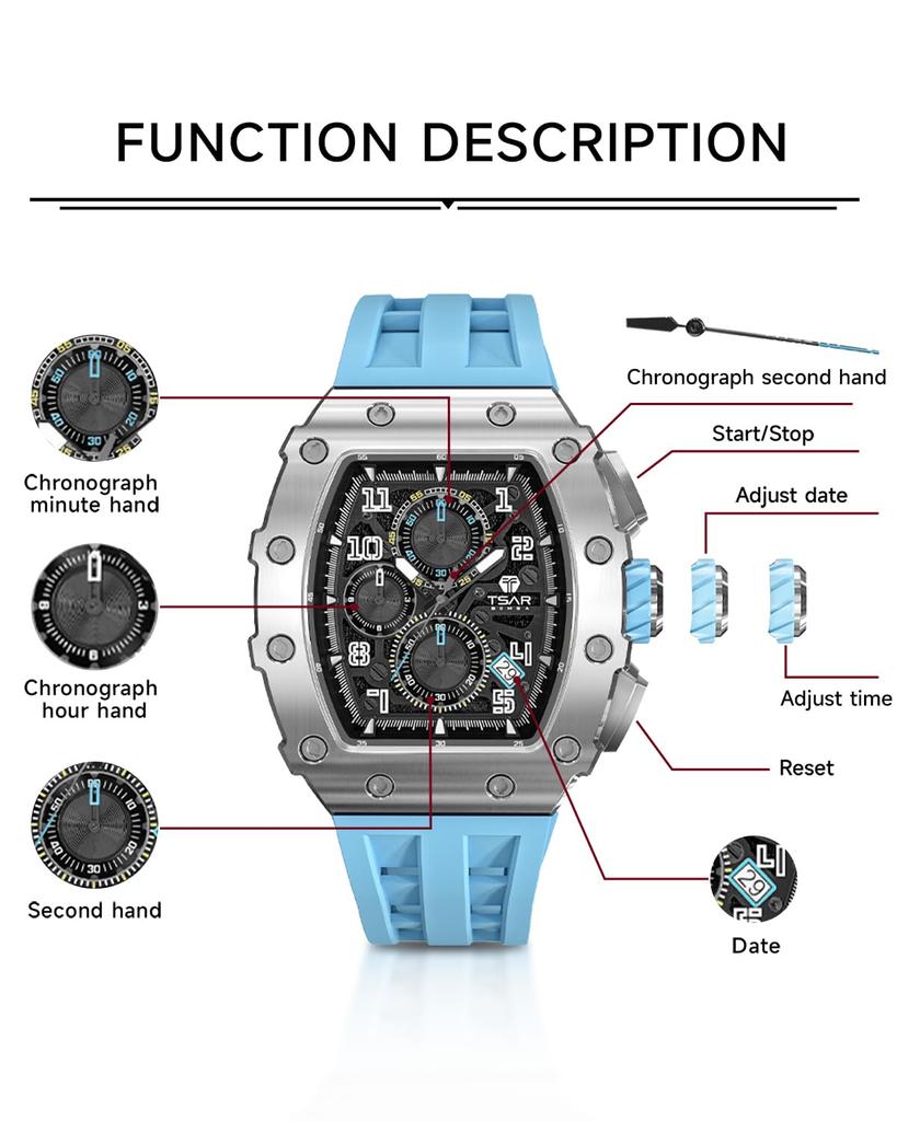 TSAR BOMBA Men's Luxury Tonneau Chronograph Watch 50M Waterproof Skeleton Day-Date Diving Sport Quartz Sapphire Crystal