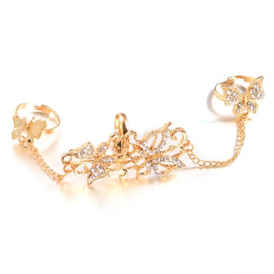 Fashion Rhinestone Hollowed Butterfly Link Finger Ring Adjustable Women Jewelry