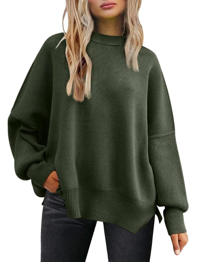 Women's Round Neck Batwing Sleeve Long Sleeved Ribbed Knit Sweater with Side Slit Pullover Luxurious Relaxed-fit Slimming and Versatile Top